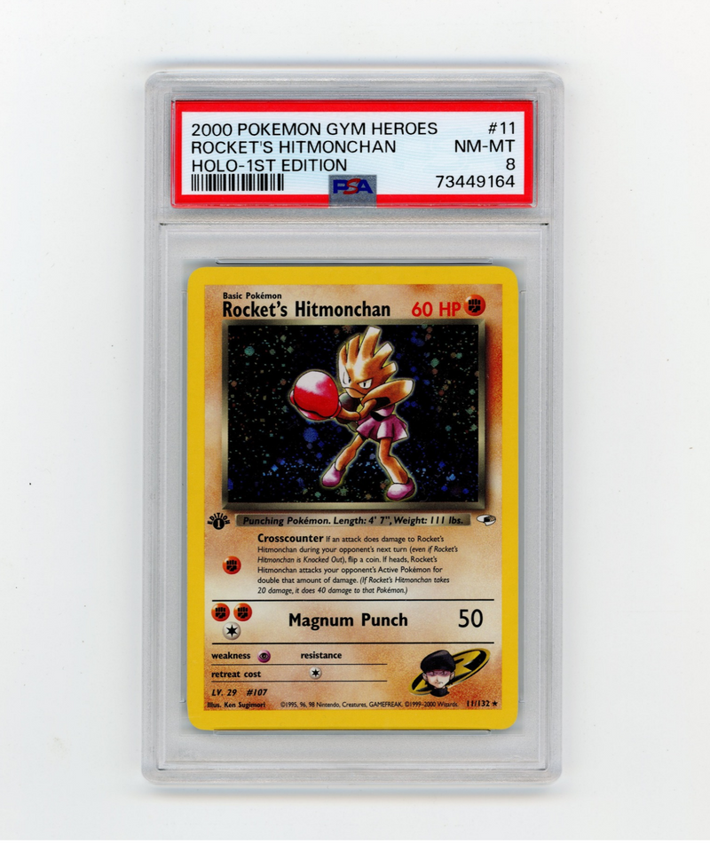 PSA 8 NM-MT  Rocket's Hitmonchan 11/132 Gym Heroes 1st Edition Holo