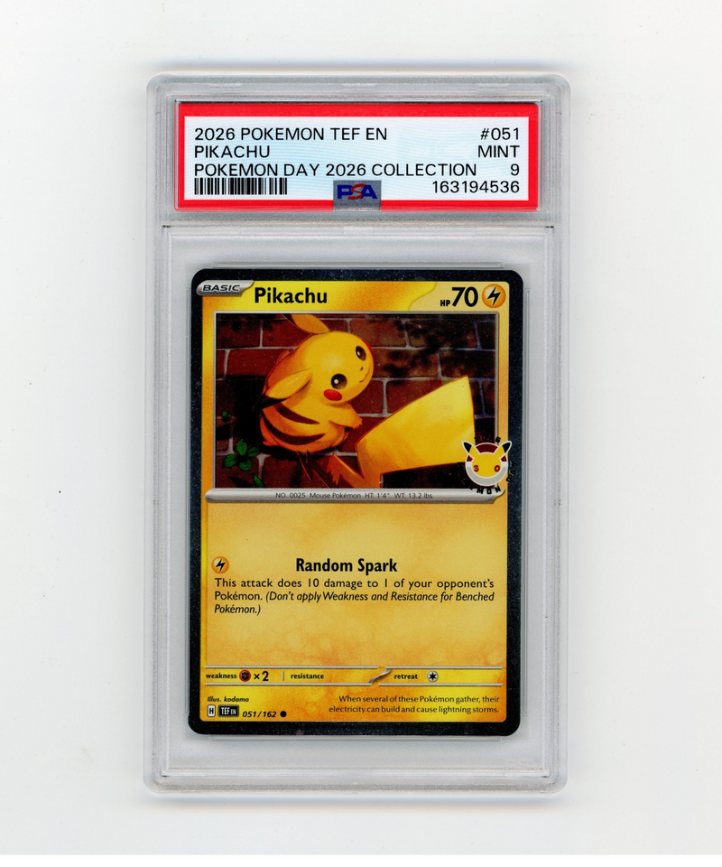 PSA 9 Mint  Pikachu 051/162 Temporal Forces: Pokémon Day 2026 Anniversary Stamped Cosmos Holo