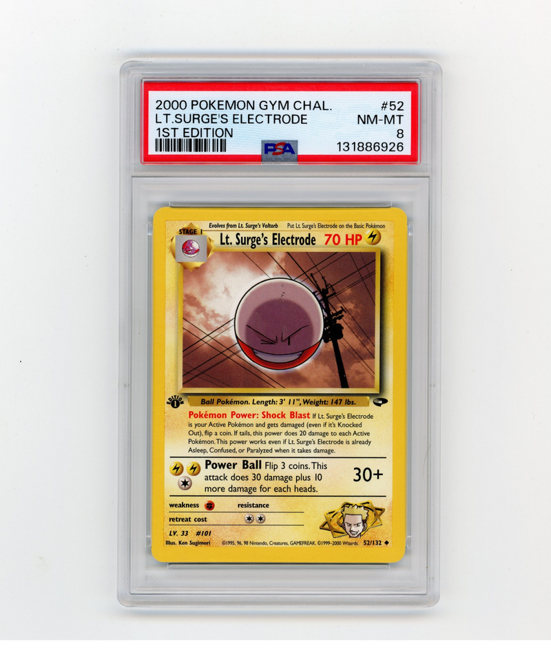 PSA 8 Near Mint-Mint Lt. Surge's Electrode 52/132 1st Edition Gym Challenge